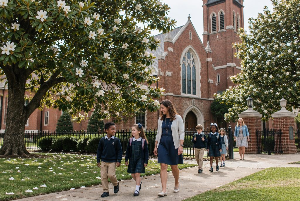 Brick church school building with a playground and students lining up after recess in a Birmingham neighborhood