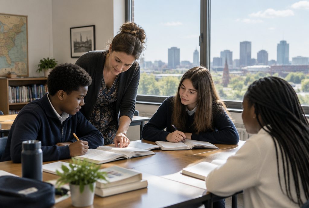 Small group of elementary students working with their teacher in a bright Birmingham private school classroom