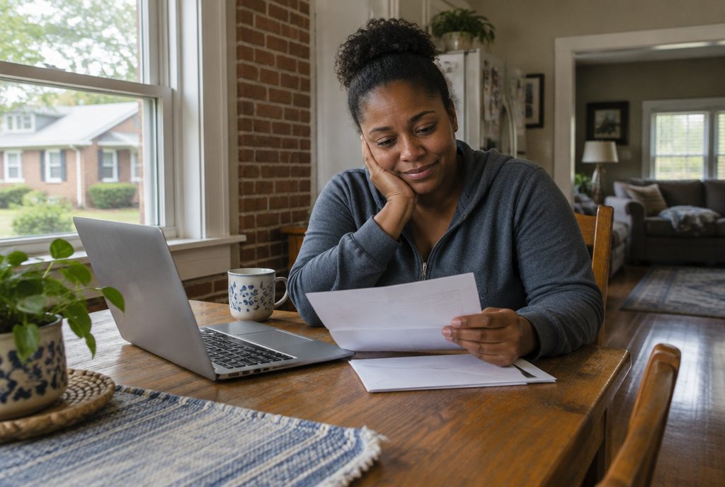 A Birmingham mother and father at their kitchen table with a laptop and a printed tuition statement, working out what the ESA covers